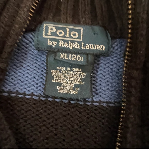 Vintage 90s Polo by Ralph Lauren Black + Blue Rugby Stripe 1/4 Zip Knit Sweater - Picture 5 of 11